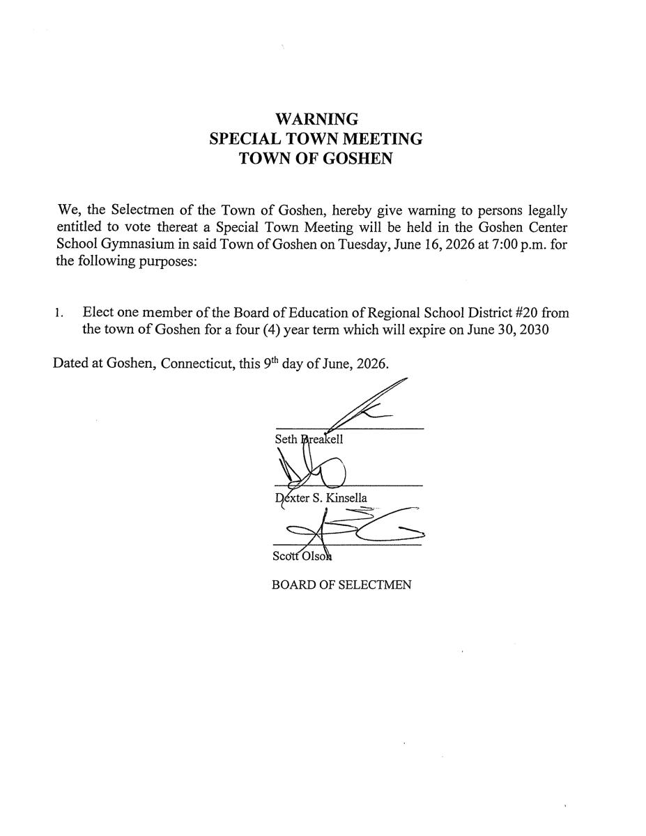 CALL FOR SPECIAL TOWN MEETING BOE