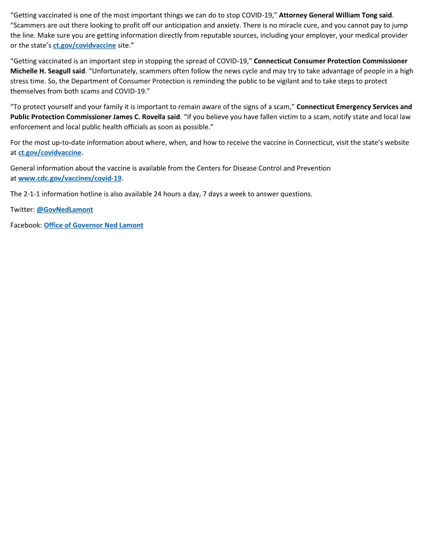 Message from Gov. Lamont on COVID-19 Vaccination Scams | Goshen CT